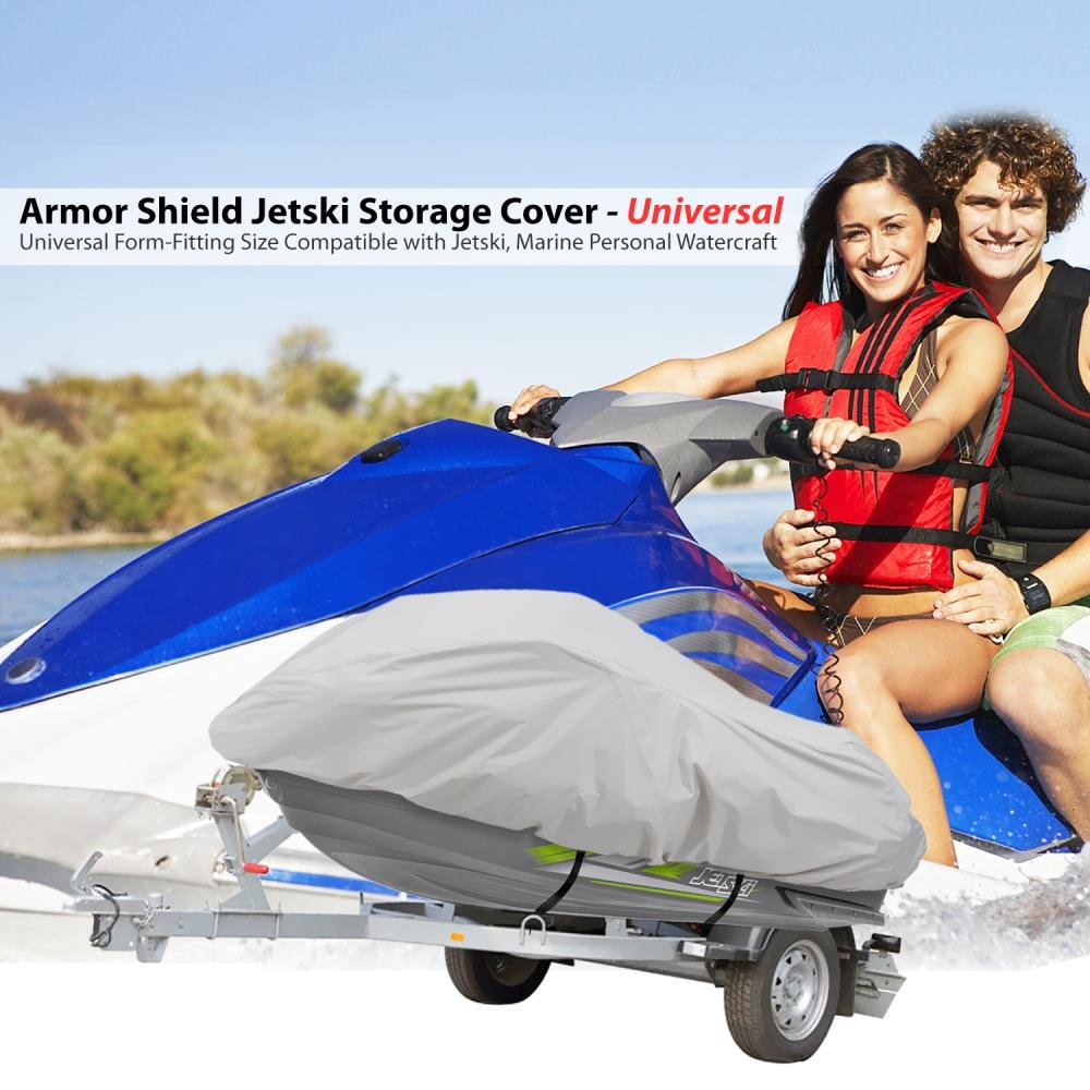 Pyle Marine Grade Polyester Jetski Cover - Size Supports 102” and Under - Heavy Duty Universal Trailer Storage Cover for Personal Watercraft - Waterproof Weather Resistant with Elastic Cord, Gray
