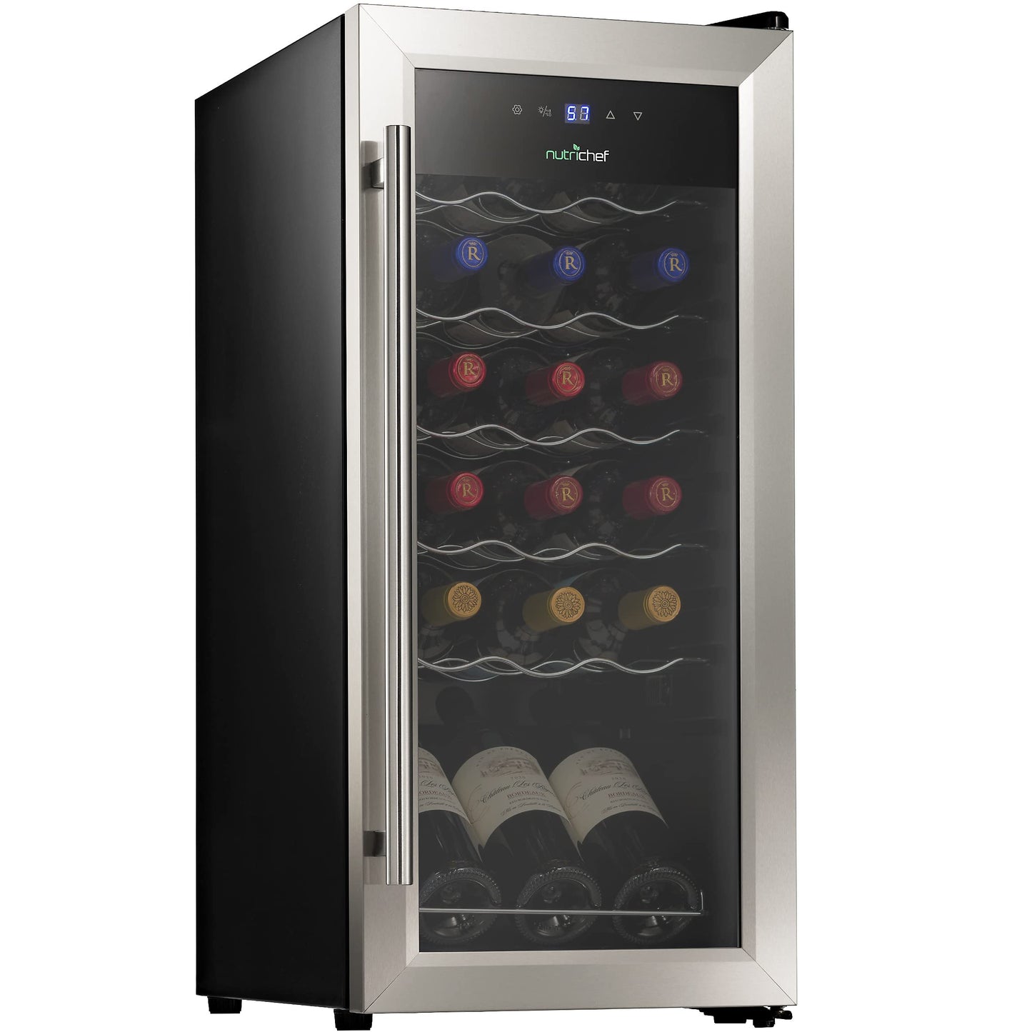 NutriChef PKCWC18 18 Bottle Fridge Slim Mini Cooler with Adjustable Temperature Control, Quiet Operation, for Red and White Wine, 30x13x17 in, Black