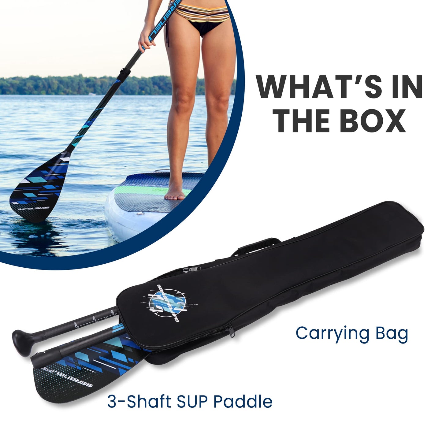 SerenelifeHome Adjustable SUP Paddle -Adjustable 3-piece Mix Carbonfiber Paddle, Lightweight & Comfortable to Use, Includes Carrying Bag w/ Zip and Handle,Comfortable Grip & Powerful Stroke SLPADDLE40