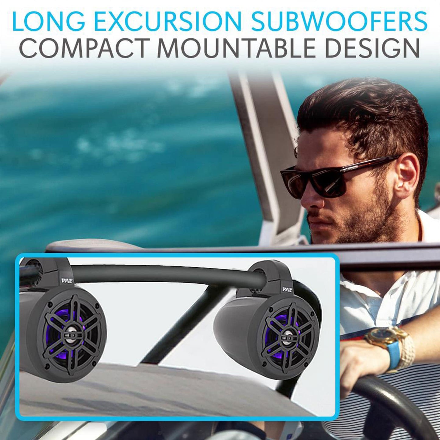 Pyle Waterproof Marine Wakeboard Tower Speakers - 4 Inch Dual Subwoofer Speaker Set w/LED Lights & Bluetooth for Wireless Music Streaming - Boat Audio System w/Mounting Clamps PLMRLEWB47BB