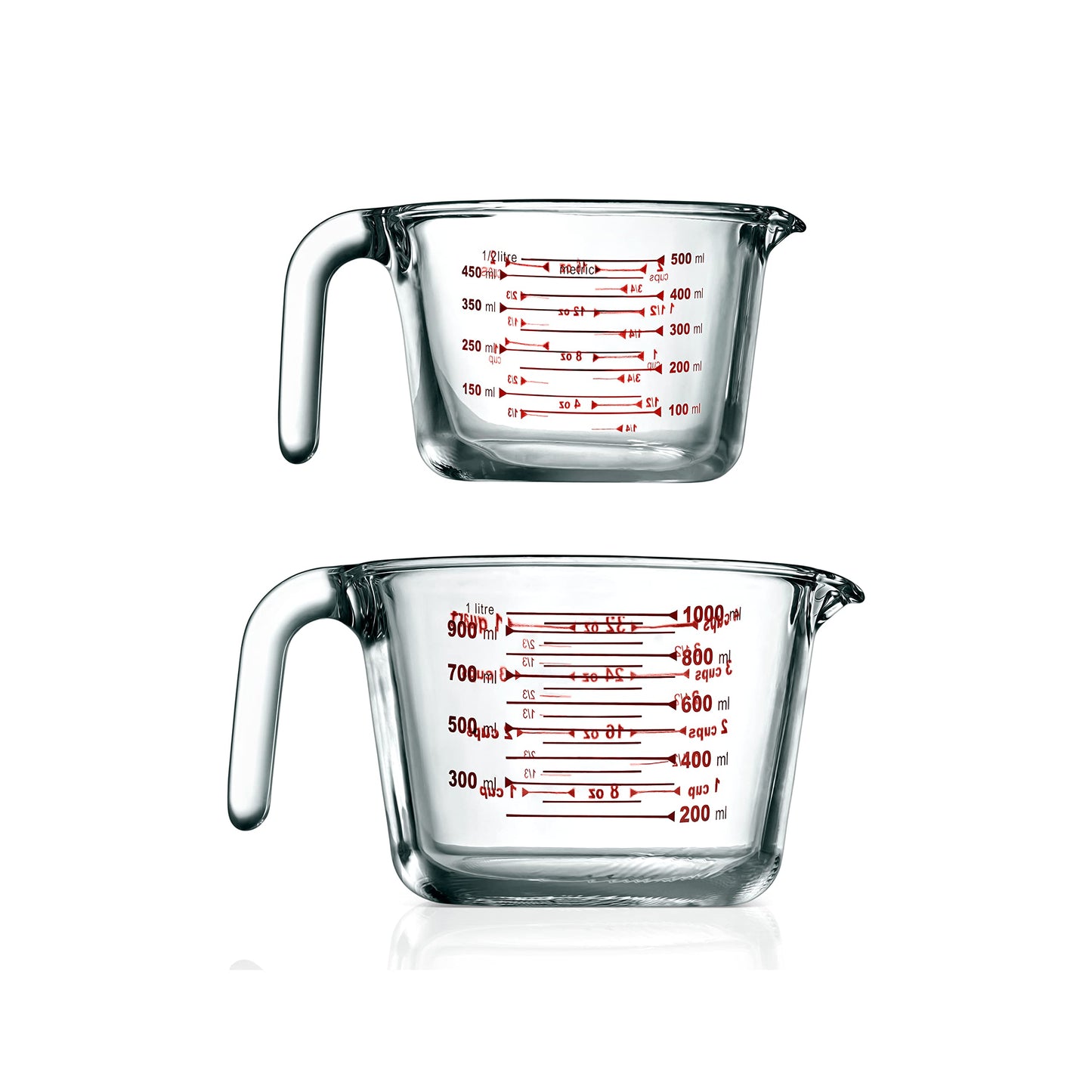 NutriChef 2 Pieces Measuring Cups - BPA-Free Premium Heat Resistant Borosilicate Glass Measuring Cups w/ Handle, Precise Measurement w/ Oz & Ml Scale in 500ml & 1000ml, Microwave & Oven Safe