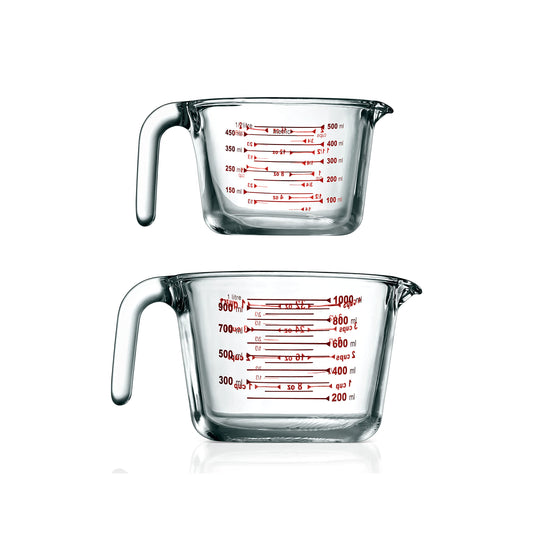 NutriChef 2 Pieces Measuring Cups - BPA-Free Premium Heat Resistant Borosilicate Glass Measuring Cups w/ Handle, Precise Measurement w/ Oz & Ml Scale in 500ml & 1000ml, Microwave & Oven Safe