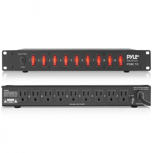 Pyle 15 Amp Power Supply Control Unit - 9 Outlet Rack Mount Power Strip with AC Noise Filter - 1U Steel Chassis - 6ft Cord - Surge Protection for Equipment Control - PDBC70