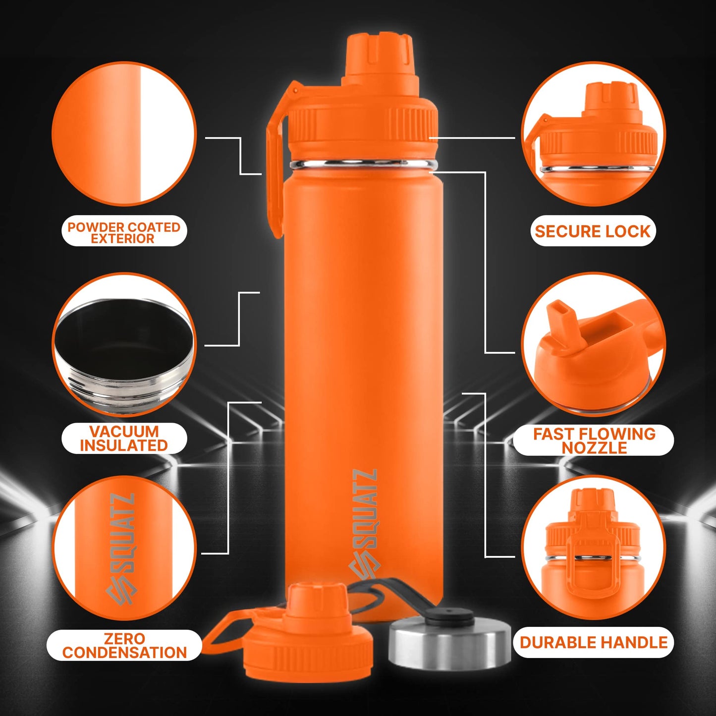 SQUATZ 24 Oz Neptune Series Steel Water Bottle, Stainless Double Wall Vacuum Insulated Flask with Handle Strap, Durable and Elegant Leak Proof Wide Mouth Thermos for Gym, Travel, Hiking, and Camping