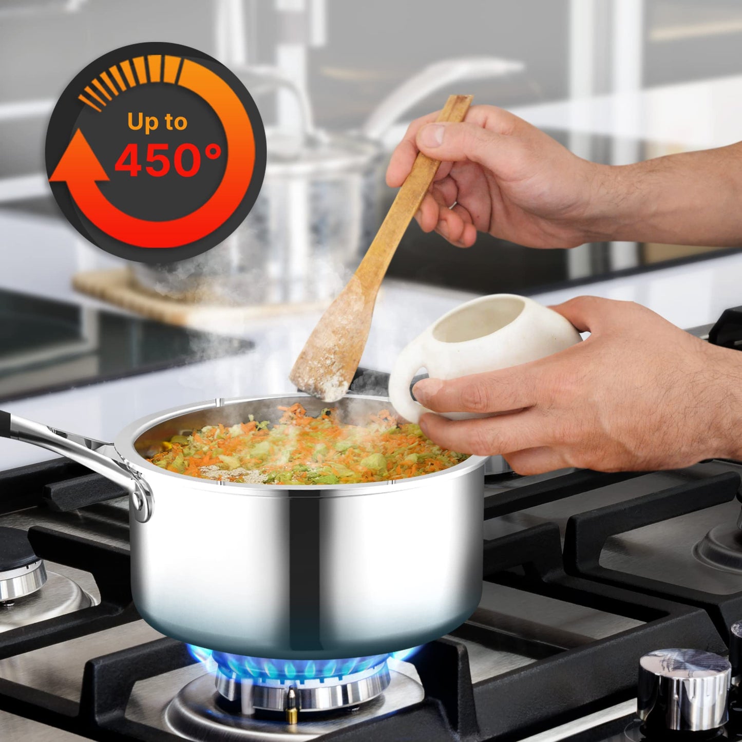 NutriChef 1.5-quart Saucepan with Lid - PFOA/PFOS Free Stainless Steel Stain-Resistant Sauce Pot Kitchen Cookware w/Satin Interior, Polished Exterior, Silicone Wrap Handles - Works w/Model NCSSS12