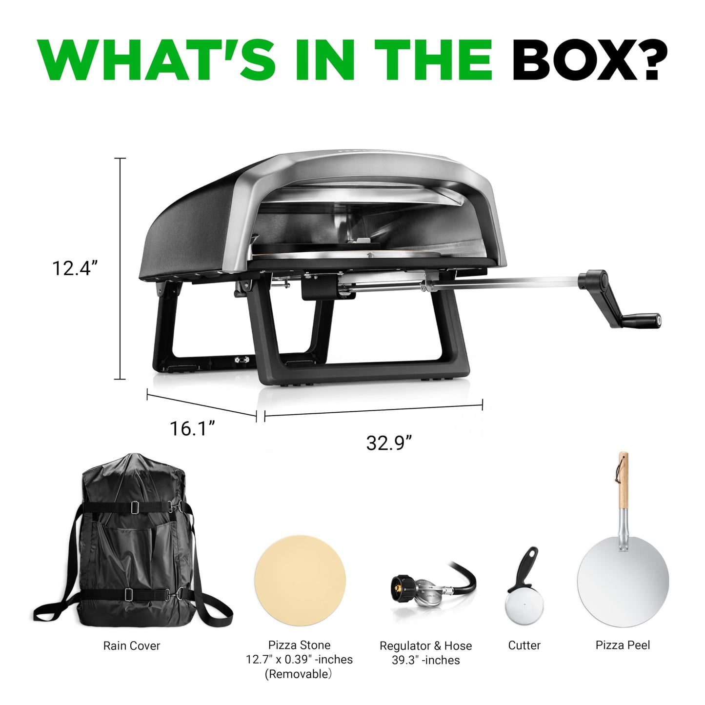 Nutrichef Outdoor Pizza Oven - Manual 360° Rotating Pizza Stone - Adjustable Heat - Includes Pizza Peel, Pizza Cutter, Stone, Cover, & Hose - Cook 12" Pizza in 60 Seconds - Long Handle