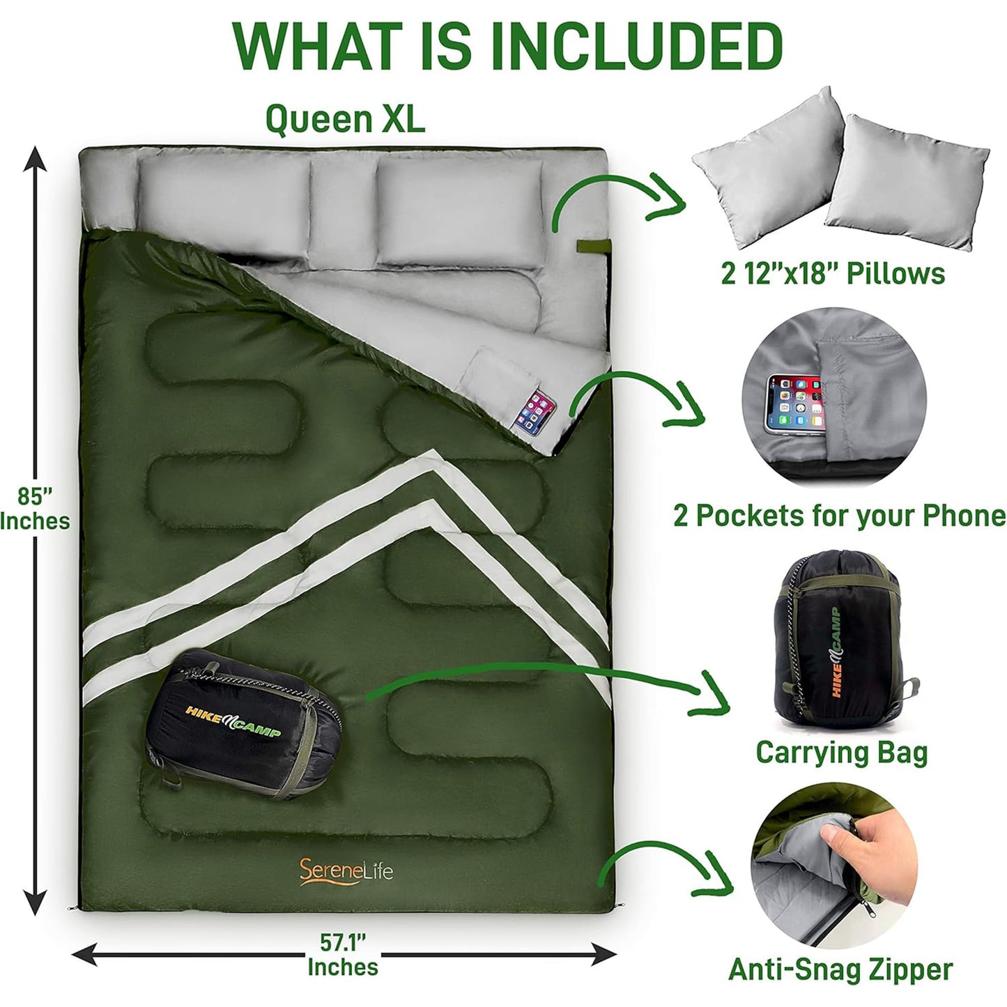 SereneLife Backpacking Sleeping Bag Camping Gear-Double Sleeping Bag For Adults/Teens W/2 Pillows,Bag-Outdoor Lightweight Weather Proof Sleeping Bags For Camping,Backpacking,Hiking-SereneLife SLSBX9