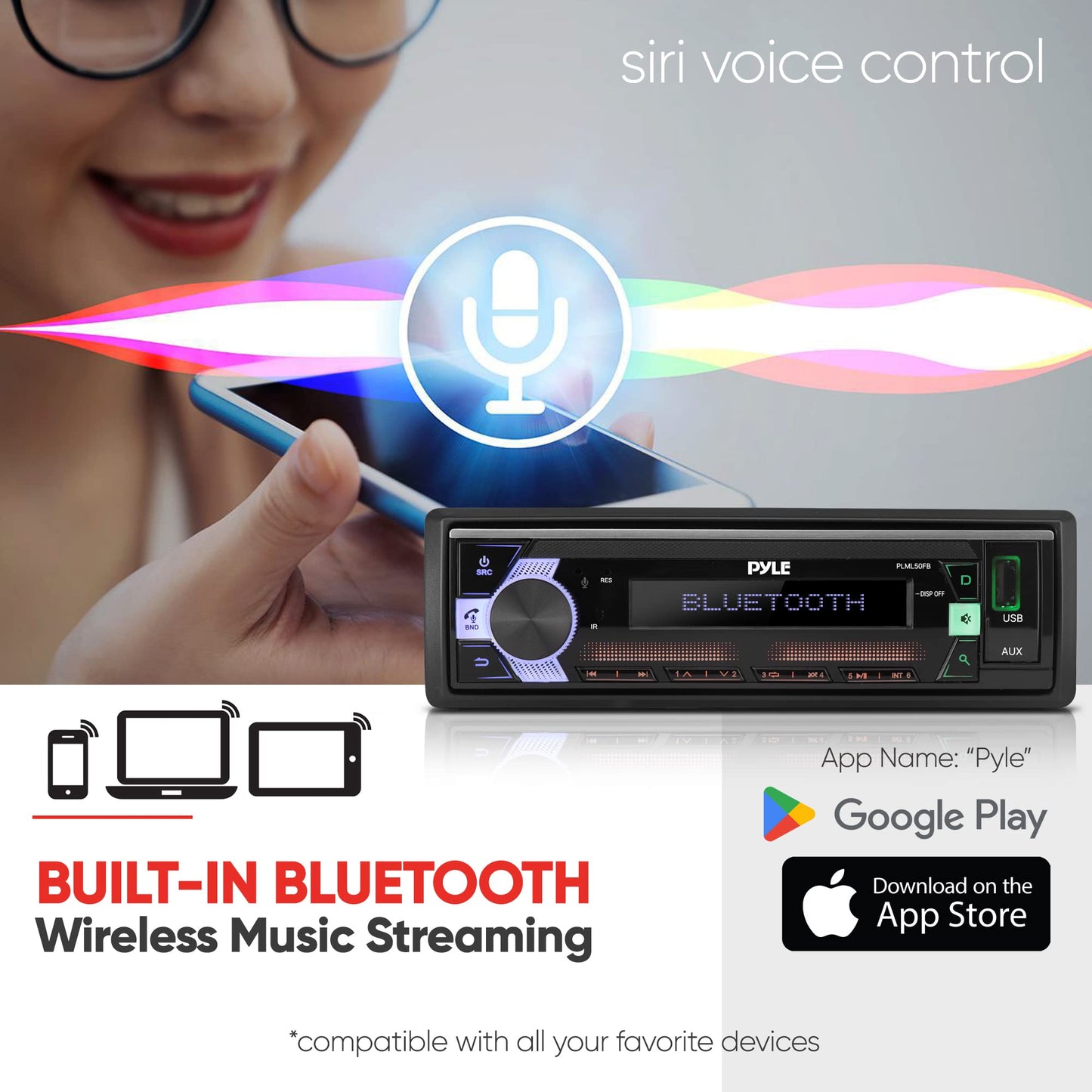 Pyle Bluetooth Stereo Headunit Receiver - In-Dash Single DIN Head Unit Receiver Power Amplifier System w/ Hands-Free Calling, LCD, AM/FM Radio, MP3/USB/AUX - Vehicle Car Bus Truck RV, Black - PLML50FB