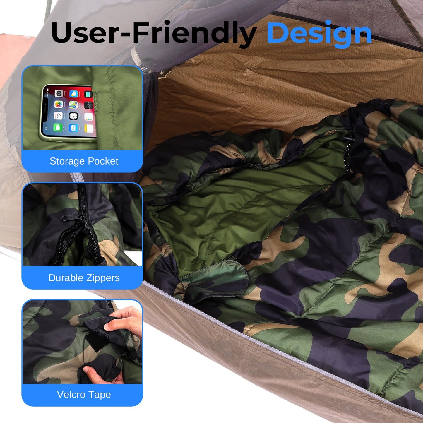SereneLife Backpacking Sleeping Bag Camping Gear, Mummy Sleeping Bag for Adults/Teens w/Pillow and Bag, Outdoor Lightweight Weather Proof Sleeping Bag for Camping, Hiking Traveling, Camouflage