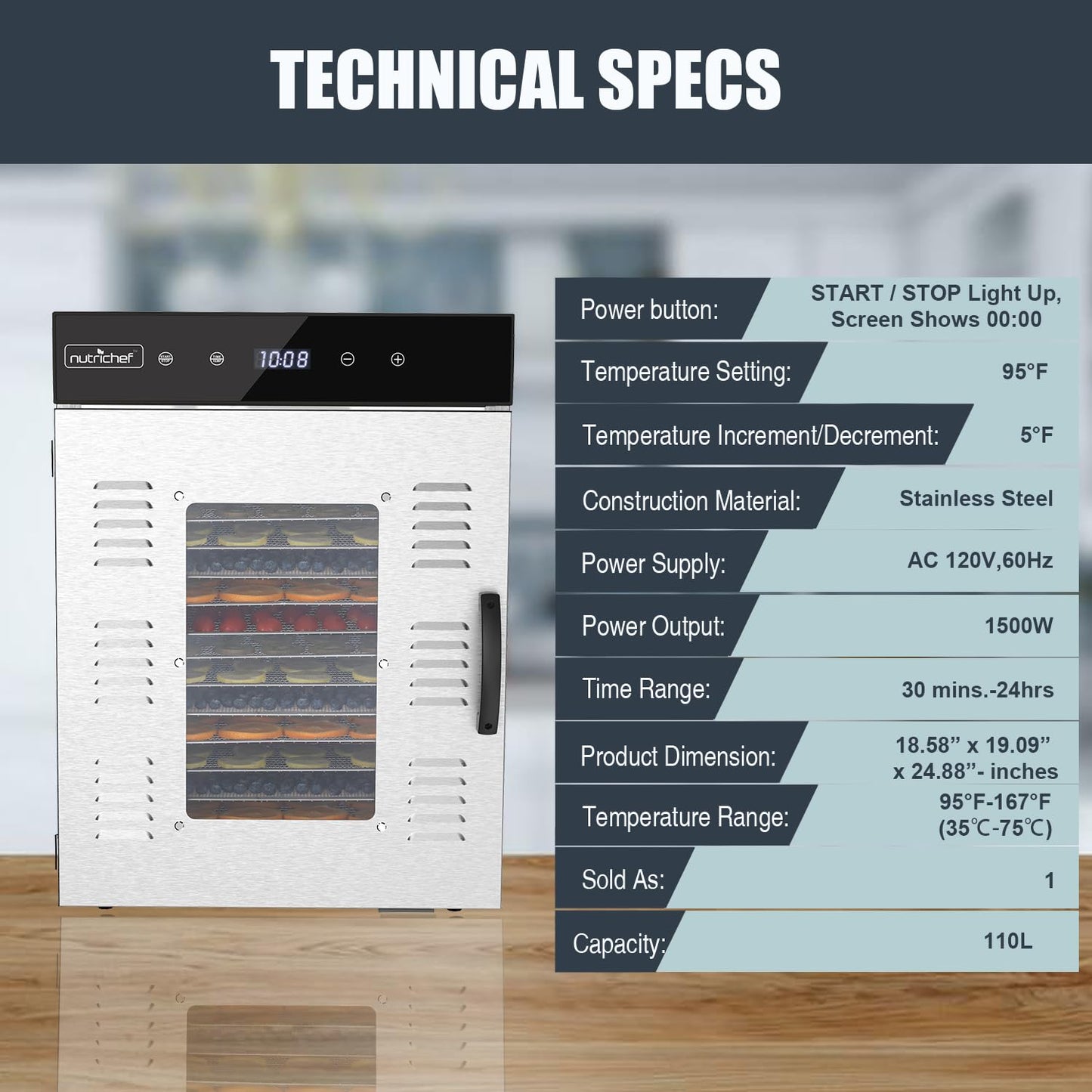NutriChef Commercial Electric Food Dehydrator Machine - 16 Shelf Extra Large Capacity - Stainless Steel Trays - 1500-Watts, Digital Timer & Temperature Control - 18.58 x 19.10 x 24.88 IN