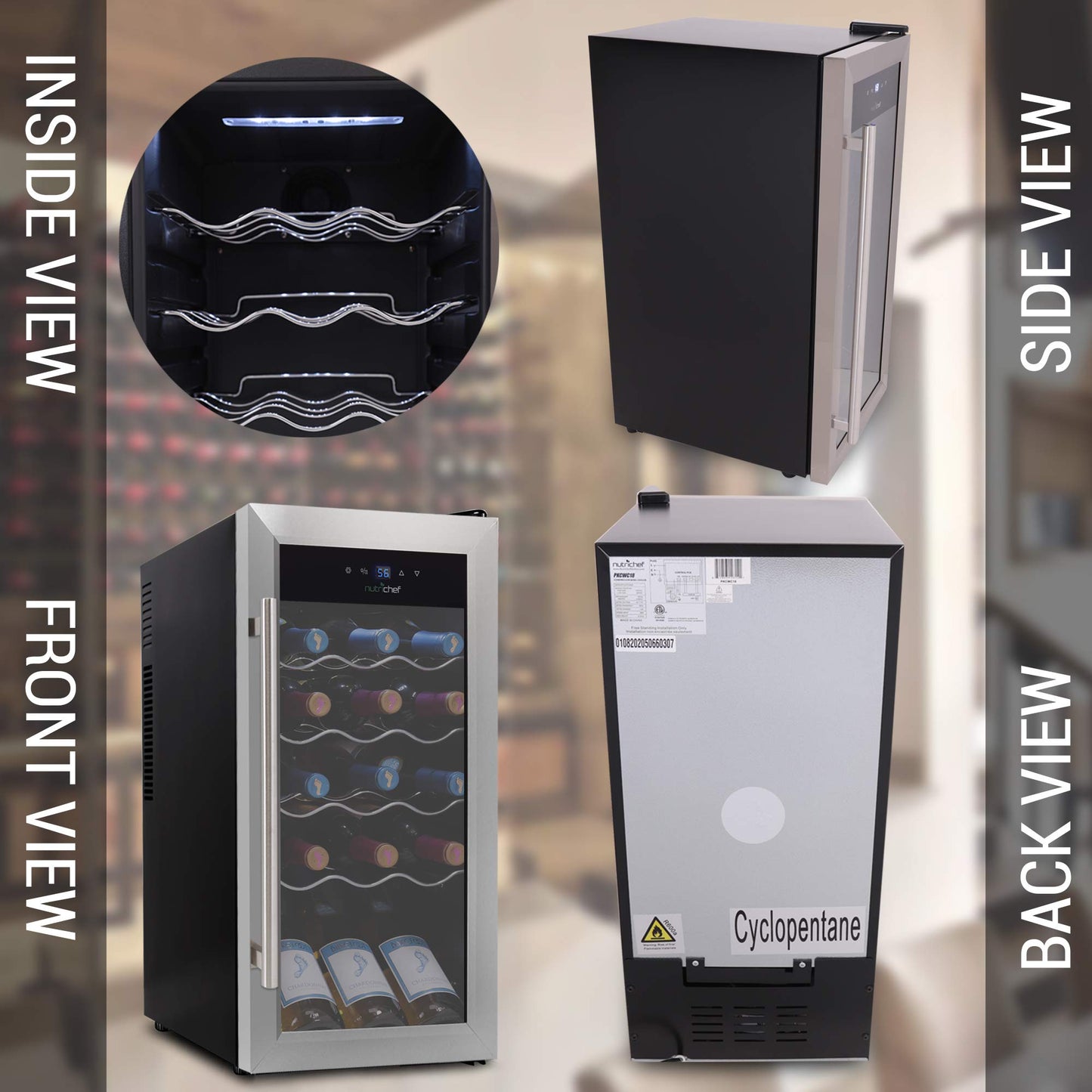 NutriChef PKCWC18 18 Bottle Fridge Slim Mini Cooler with Adjustable Temperature Control, Quiet Operation, for Red and White Wine, 30x13x17 in, Black