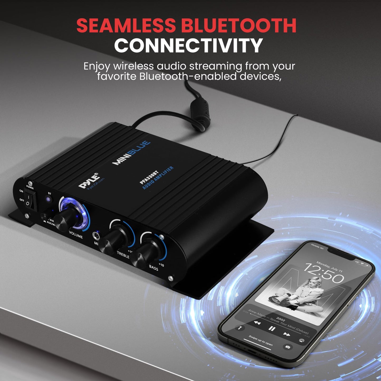 Pyle Wireless Bluetooth Home Audio Amplifier - 90W Dual Channel Mini Portable Power Stereo Sound Receiver w/ Speaker Selector, RCA, AUX, LED, 12V Adapter - For Smartphone PA, Studio Use - PFA330BT