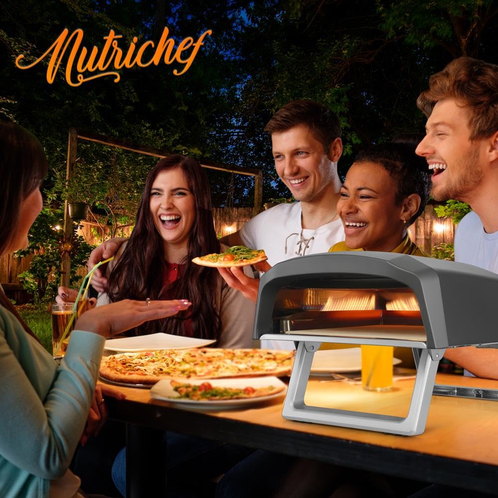 NutriChef Portable Outdoor Gas Pizza Oven - Includes Foldable Feet, Adjustable Heat Control Dial, Burner, Stone & Regulator Hose - Cooks 12" Pizza in 60 Seconds - 25.24'' x 16.14'' x 12.40'' IN