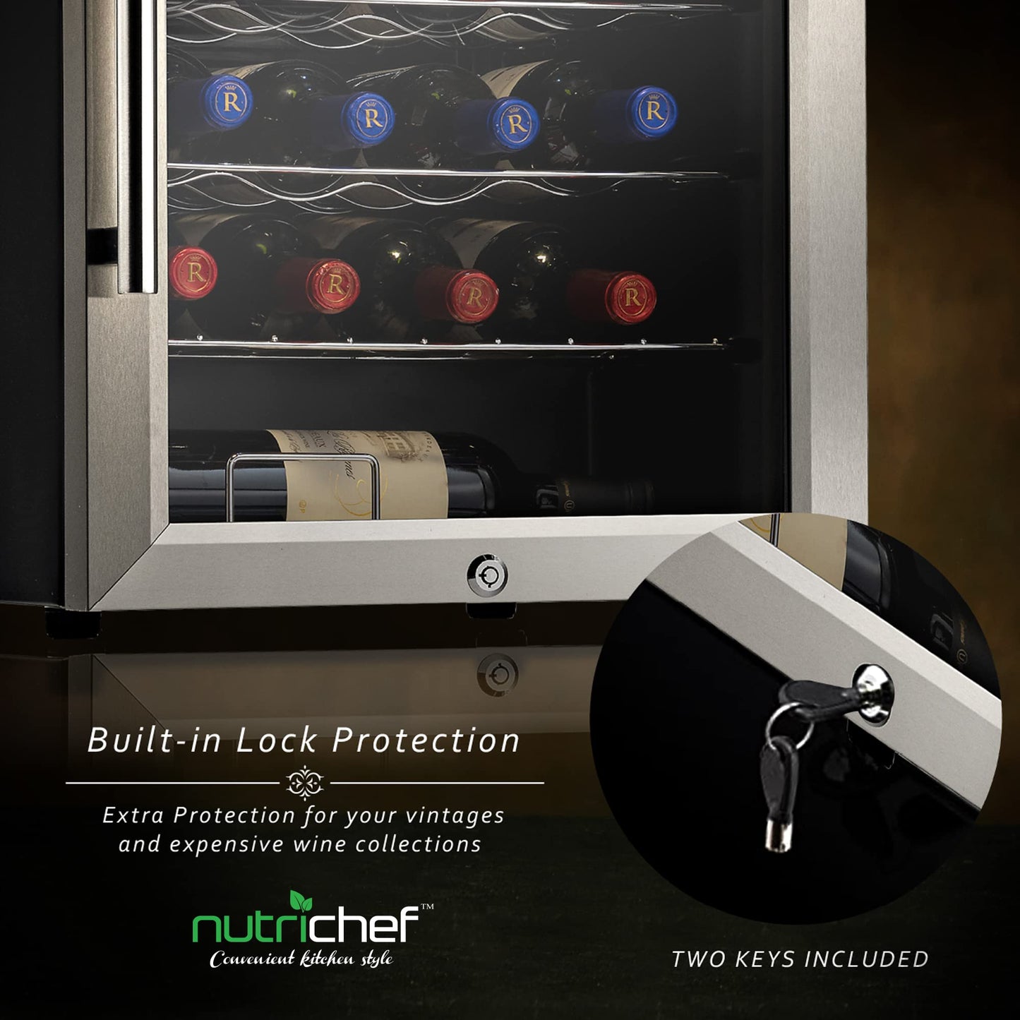 NutriChef 28 Bottle Wine Fridge | Dual Zone Wine Chiller | Adjustable Temperature 41°F to 64°F | Ultra Quiet Operation | Wine Cooler For Home, & Office | Free Standing 33x16x17 IN (Black)