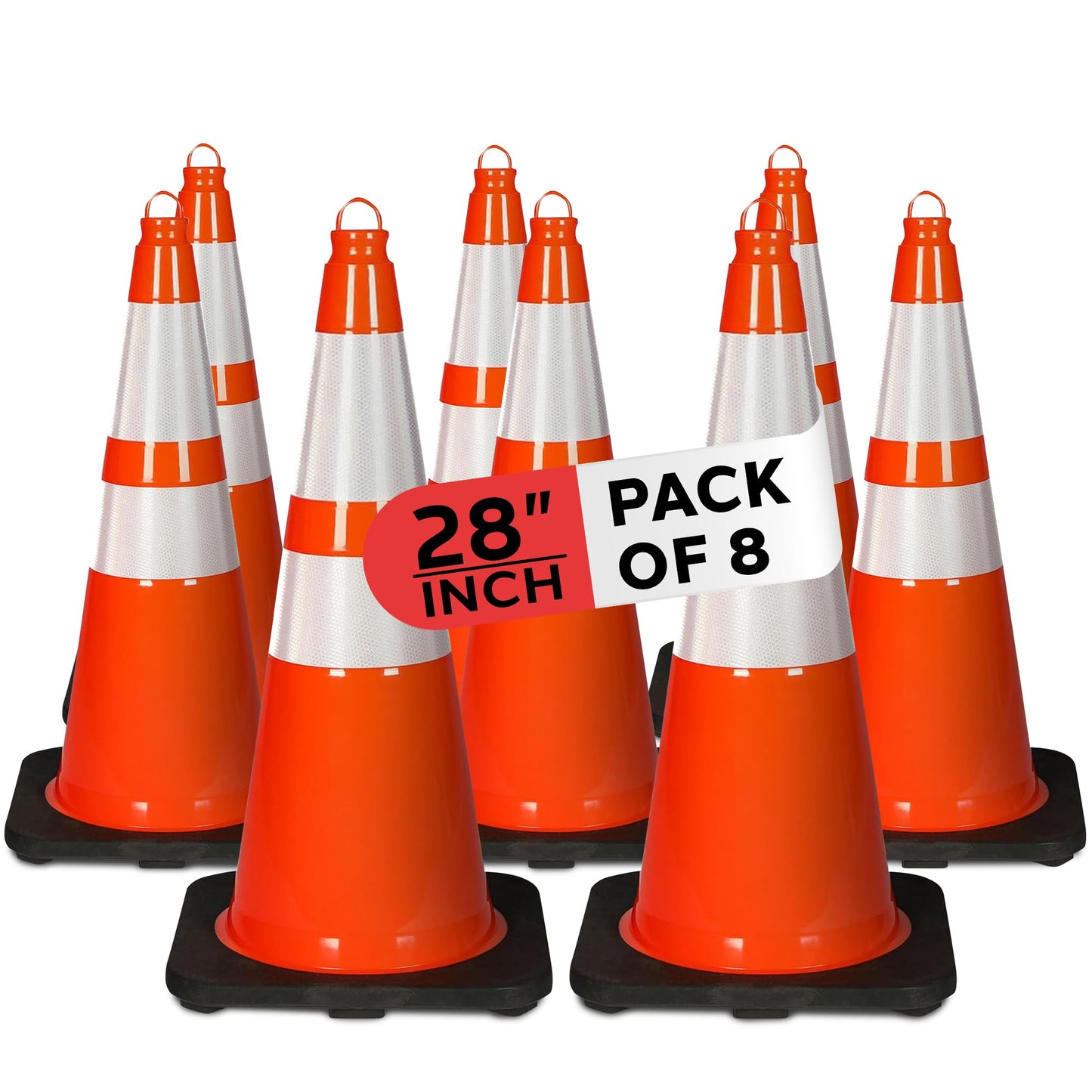 Pyle 28" PVC Traffic Cones, 8-Pack Safety Cones for Parking, Construction, Roadwork, & Sports Training, High-Visibility Orange, Durable, Stackable Design, Heavy-Duty Base for Stability in All Weather