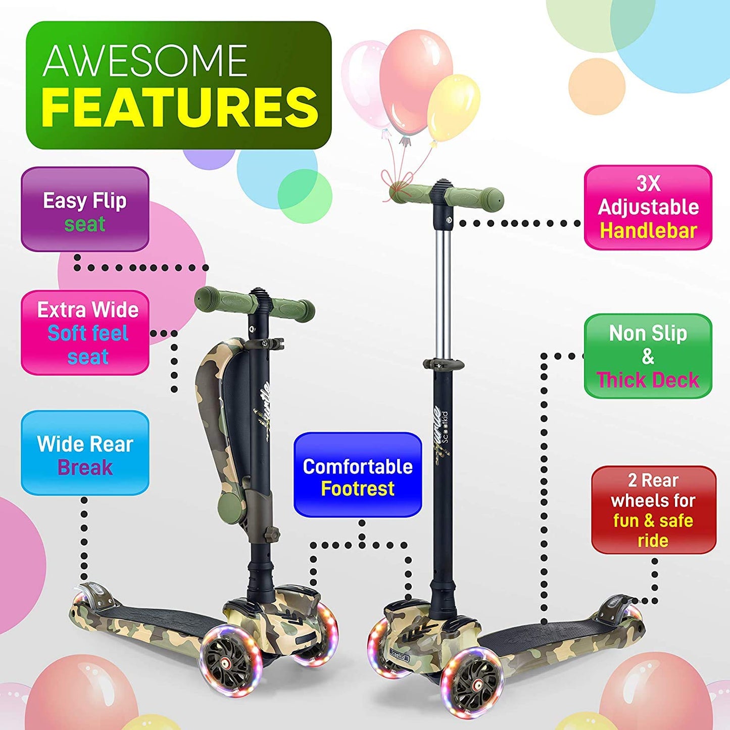 Hurtle Kids Scooter - Child Toddler Kick Scooter Toy with Foldable Seat - 3 Wheel Scooter with Adjustable Height, Anti-Slip Deck, Flashing Wheel Lights, for Boys/Girls 1-12 Year Old, Camouflage