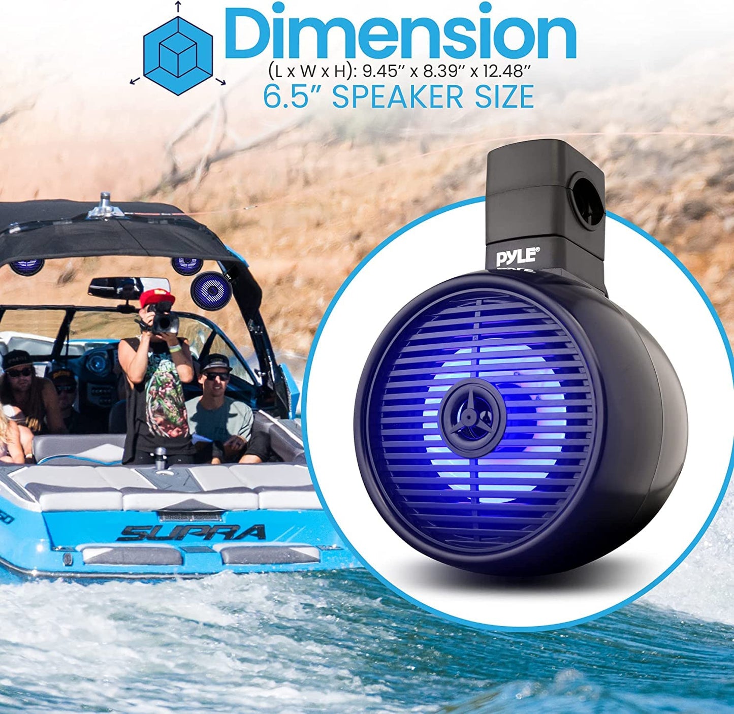 Bluetooth Waterproof Off-Road Speakers - 6.5” 200W 2-Way Marine Wakeboard Tower Sound System w/LED Light, Full Range Outdoor Stereo Speaker for Car ATV UTV, Jeep, Boat, Includes Brackets (Black)