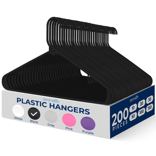 SereneLife 200 Pack Plastic Hangers, Non-Slip, Space-Saving Closet Organizers, Durable and Strong for Shirts, Sweaters, Hoodies, Kids Clothes & Dresses, Ultra-Thin, Lightweight
