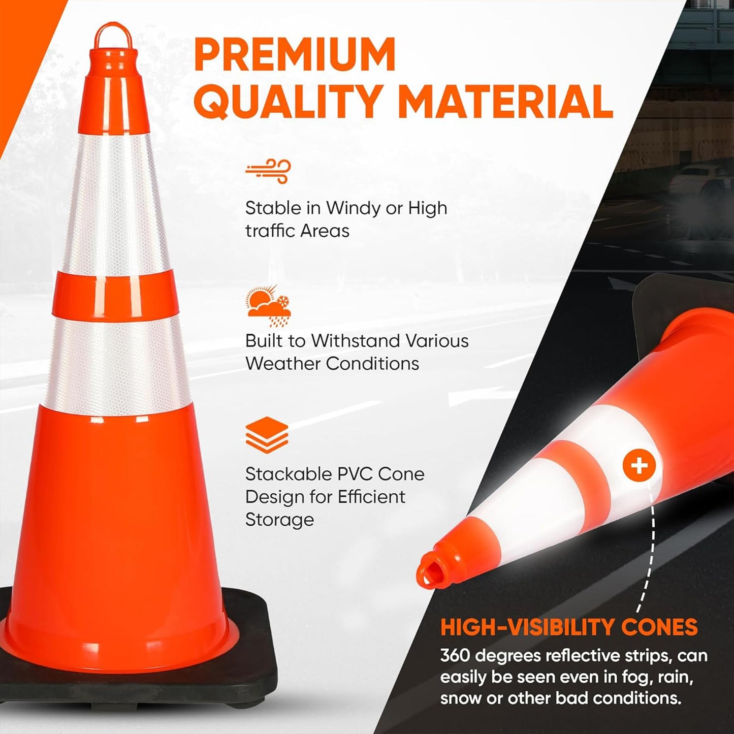 Pyle 28" PVC Traffic Cones, 6-Pack Safety Cones for Parking, Construction, Roadwork, & Sports Training, High-Visibility Orange, Durable, Stackable Design, Heavy-Duty Base for Stability in All Weather