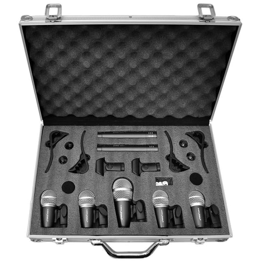 Pyle 7-Piece Wired Dynamic Kit-Kick Bass, Tom/Snare & Cymbals Microphone Set-for Drums, Vocal, & Other Instrument-Complete with Thread Clip, Inserts, Mics Holder & Case, Black