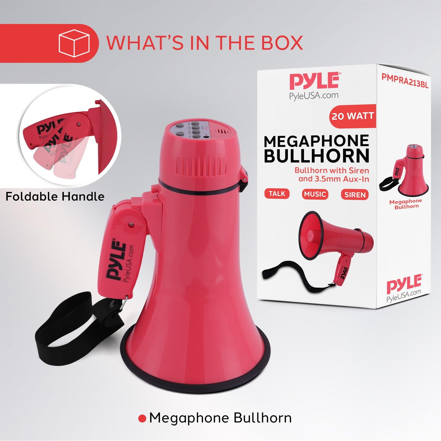 Pyle 20W Megaphone Bullhorn - Portable, Automatic Siren & Adjustable Volume,Projection Range Up to 400 Square Yards, Aux Input, Talk, Siren, Music, Whistle, & Record, Shoulder Strap (Red)