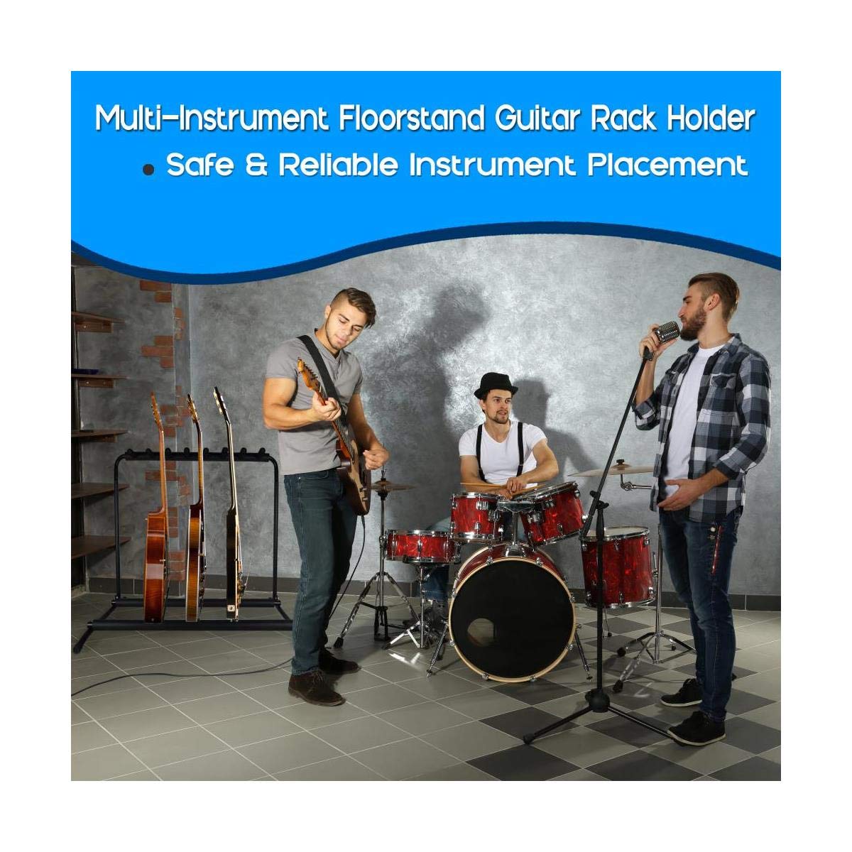 Pyle Multi-Guitar Stand 7 Slot Display Rack - Universal Framework Designed for Electric, Acoustic, Bass Guitars & Cases - Foldable, Portable, and Protective with No-Slip Non-Scratch Padding - Black