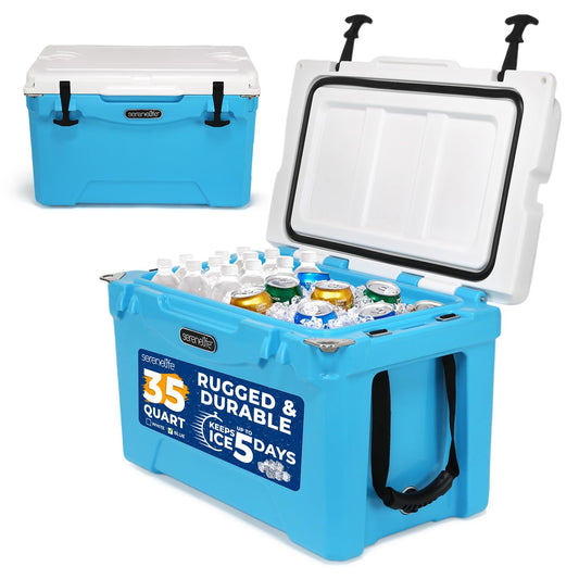 Serenelife 35 Quart Portable Cooler Box - Lightweight Heavy-Duty Travel Ice Cooler with 2-Way Handles, Drain - 5 Days Ice Retention, Holds 63 12-Ounce Cans & 2-liter Bottles (Blue)