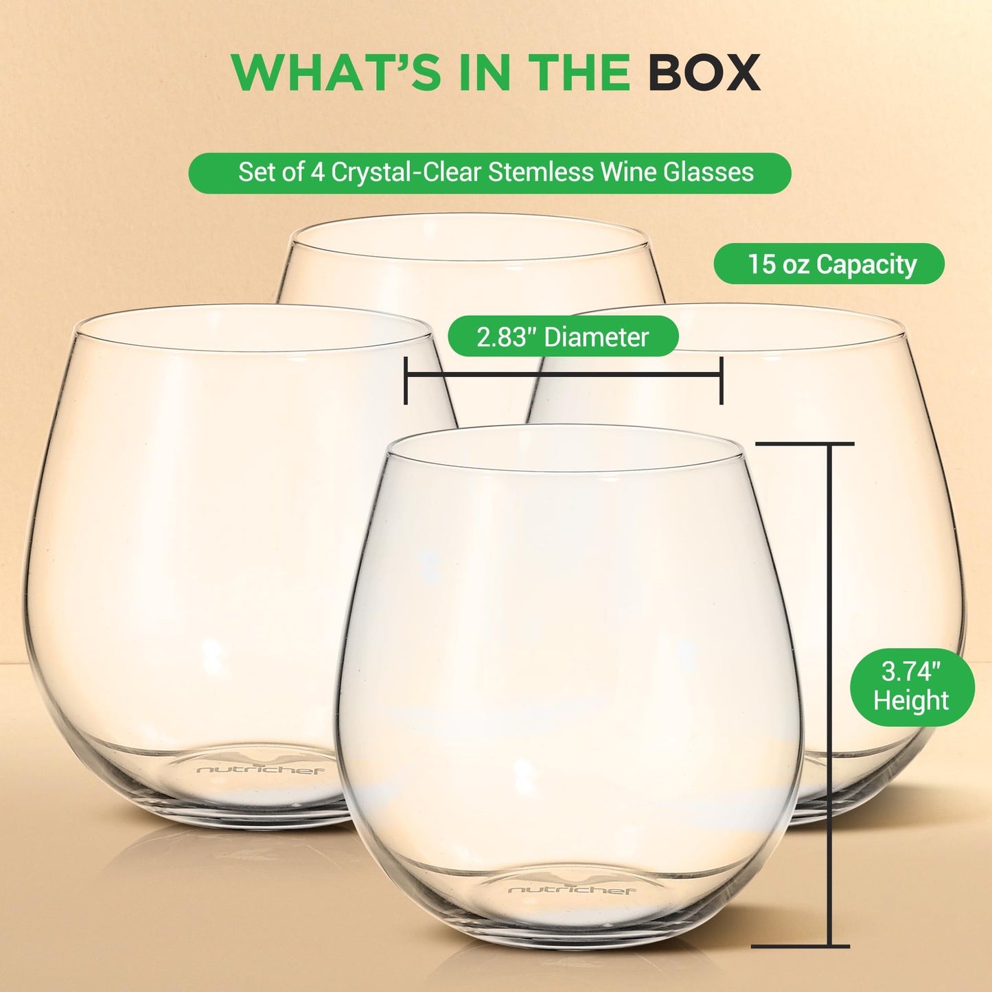 NutriChef 15oz Stemless Wine Glasses - Set of 4 Ultra Thin Elegant Red & White Wine Clear Crystal Glass Drinkware, Lead-Free, Hand Blown Seamless Bowl, Dishwasher Safe