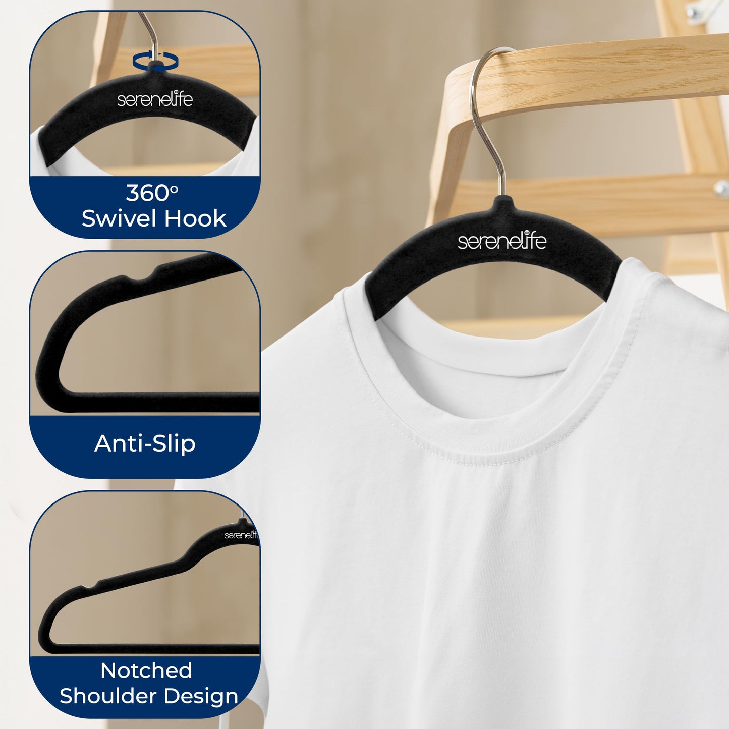 SereneLife 10 Pack Velvet Hangers - Non-Slip with 360° Swivel Hook - Ultra-Thin, Lightweight Velvet Hangers for Shirts, Sweaters, Hoodies, Kids Clothes & Dresses - Space-Saving