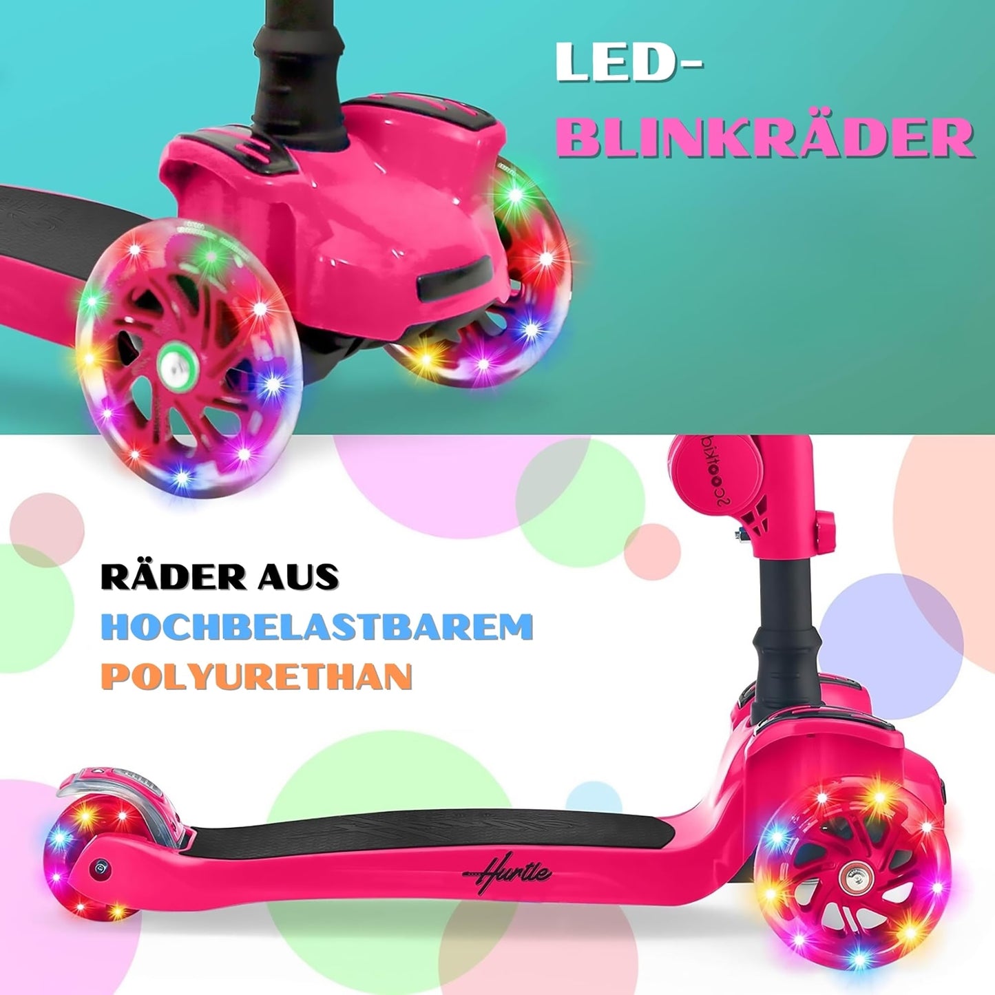 Hurtle Kids Scooter - Child Toddler Kick Scooter Toy with Foldable Seat - 3 Wheel Scooter with Adjustable Height, Anti-Slip Deck, Flashing Wheel Lights, for Boys/Girls 1-12 Year Old, Pink