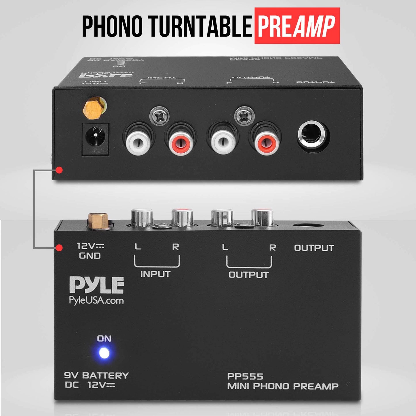 Pyle Phono Turntable Preamp - Mini Stereo Preamplifier with 9V Battery - 12V DC Power Adapter - RCA Input/Output - Low Noise - Ideal for Phonograph and Vinyl - PP555