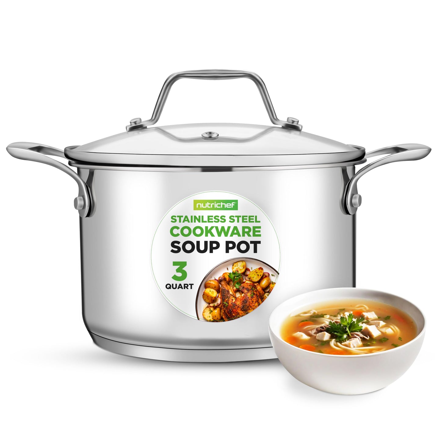 NutriChef 3-Quart Stainless Steel Pot with Glass Lid - 18/8 Food Grade Heavy Duty Cookware Stockpot for Stews, Simmering & Soups, Dishwasher Safe, For Induction, Gas & Ceramic Cooktops - NCSP3