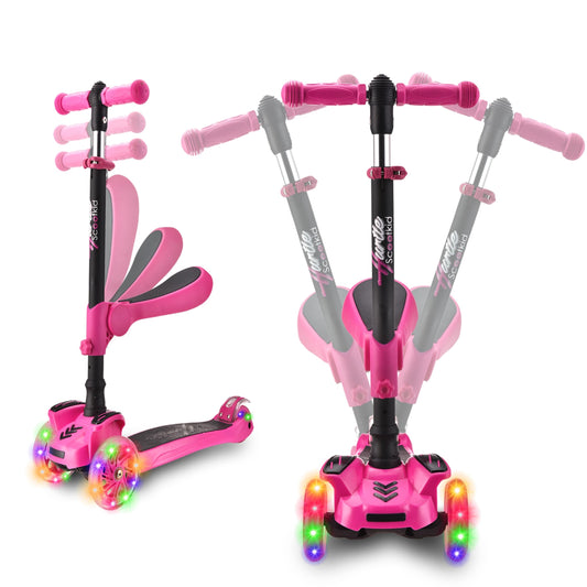 Hurtle Kids Scooter - Child Toddler Kick Scooter Toy with Foldable Seat - 3 Wheel Scooter with Adjustable Height, Anti-Slip Deck, Flashing Wheel Lights, for Boys/Girls 1-12 Year Old, Watermelon