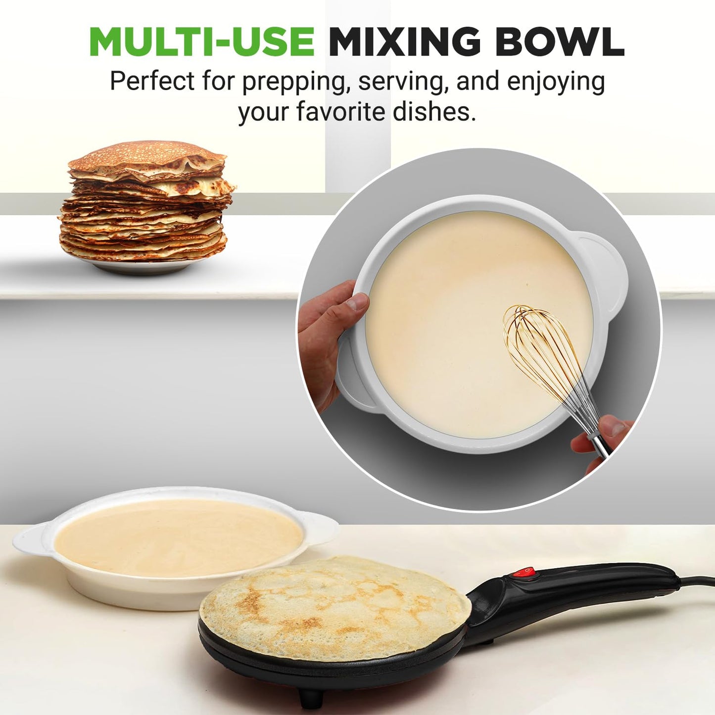 Nutrichef Electric Crepe Maker | 8-inch Nonstick Cooktop with On/Off Switch | Cooks Roti, Tortillas & Pancakes | Automatic Temperature Control & Cool Touch Handle | Includes Food Bowl, Whisk & Spatula