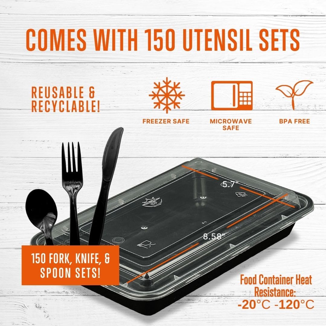 SQUATZ 150 Meal Prep Containers with Lids for Adults - 33oz, Microwave Safe, Reusable Food Storage, Freezer Safe, Leak-Free Lunch Container - Includes Utensils