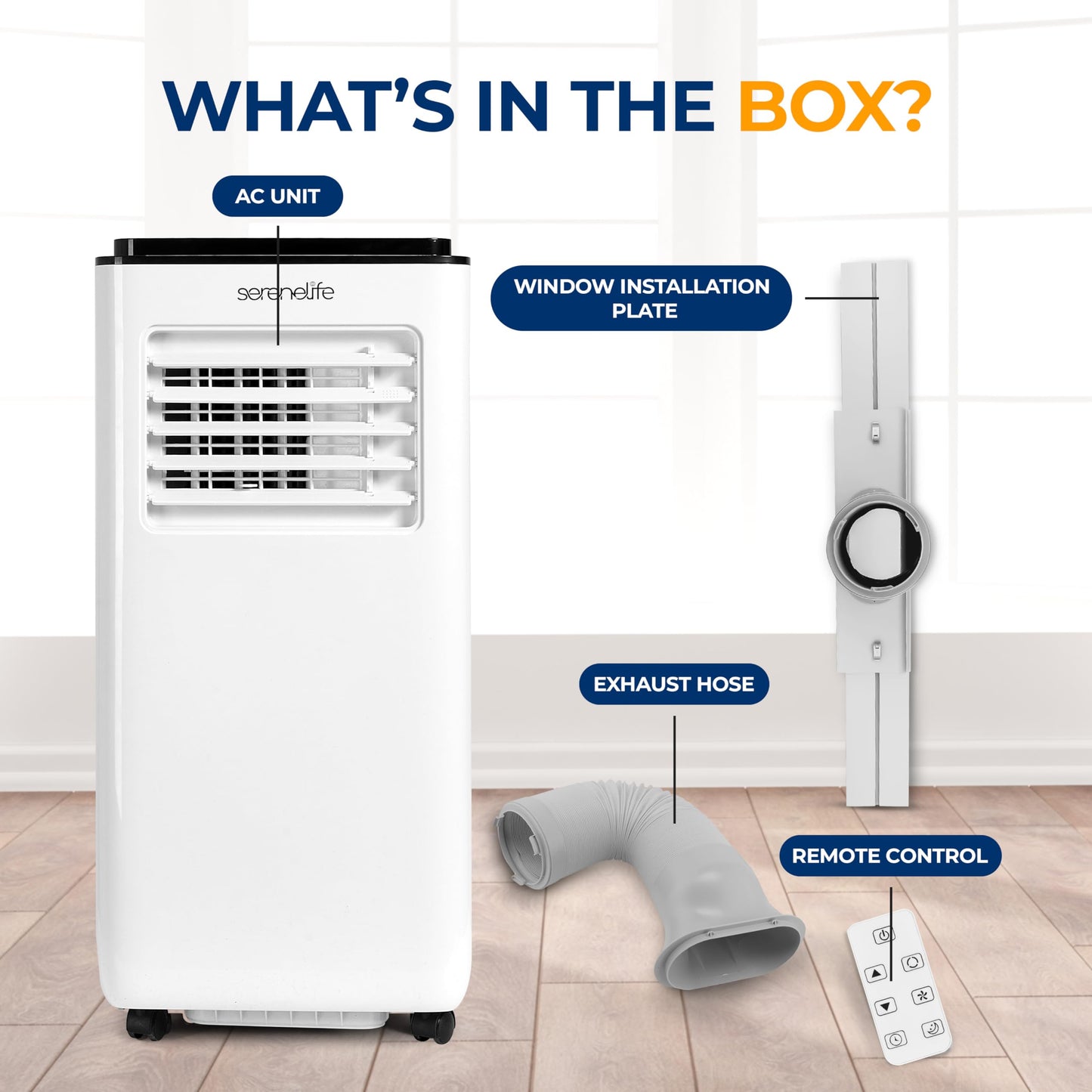 SereneLife 8000 BTU Portable Air Conditioner - 3-in-1 Compact Standing Air Conditioner for Room Up to 300 Sq. Ft. - Floor AC Unit with Remote Control - Universal Casters, Window Mount Kit