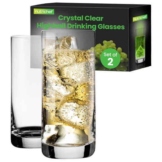 Nutrichef 14.2 oz Highball Drinking Glasses Premium Crystal, Durable & Dishwasher Safe, Elegant Design for Water, Cocktails & Liquor - Set of 2