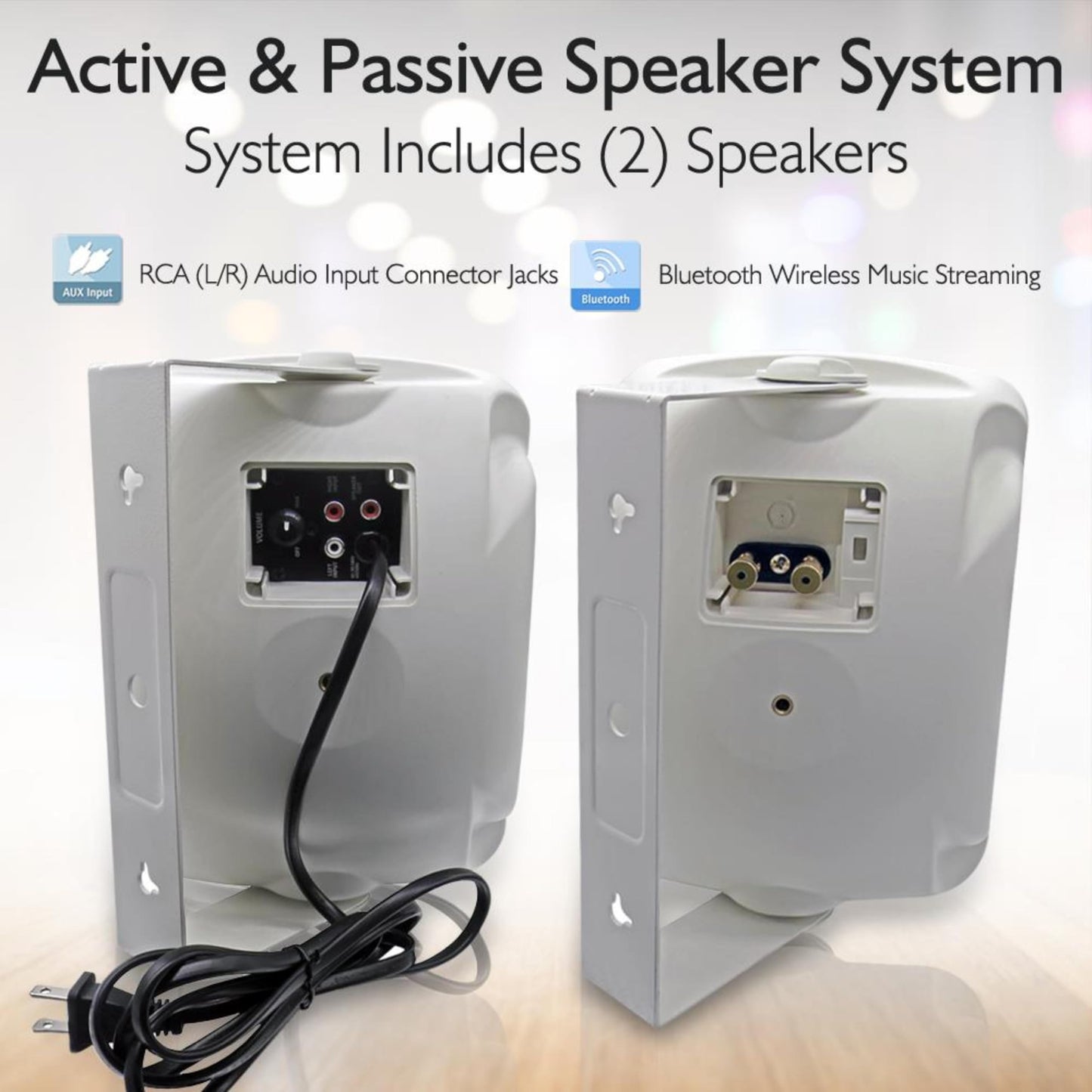 Pyle Outdoor Bluetooth Wireless Speaker System-2-way Active/Passive Pair - 6.5in, 800Watt Peak Power,Weatherproof,Wall/Ceiling Mounted Speakers w/ Metal Grill, Universal Mount, Indoor/Outdoor-White