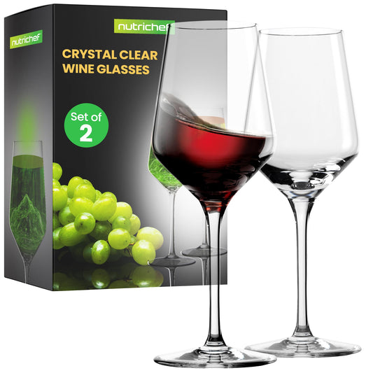 NutriChef Crystal Wine Glasses - 2 Elegant Tall Red and White Wine Clear Stemmed Glass Drinkware, Seamless Bowl, 100% Lead-Free, Dishwasher Safe, for Wine Enthusiasts