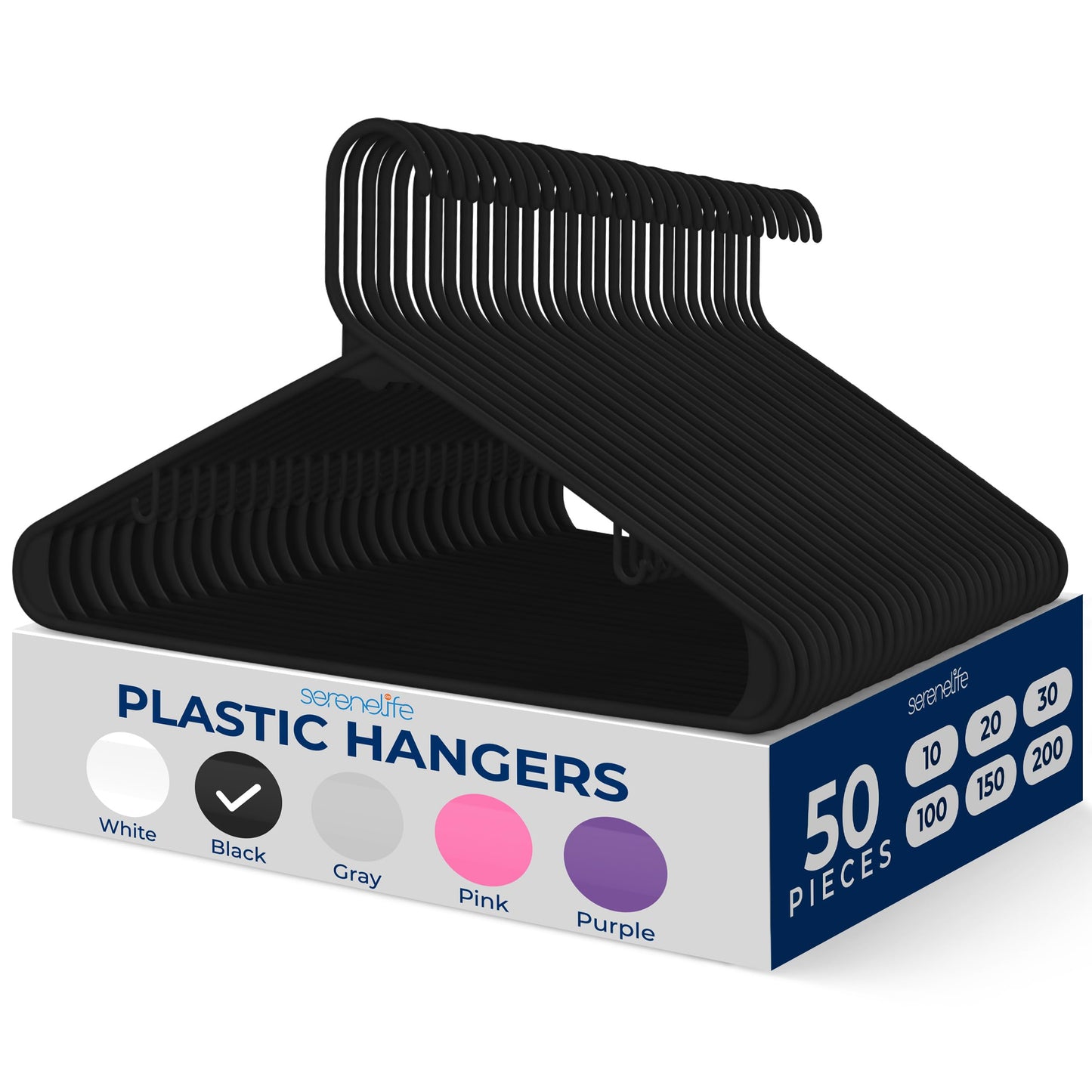 SereneLife 50 Pack Plastic Hangers, Non-Slip, Space-Saving Closet Organizers, Durable and Strong for Shirts, Sweaters, Hoodies, Kids Clothes & Dresses, Ultra-Thin, Lightweight