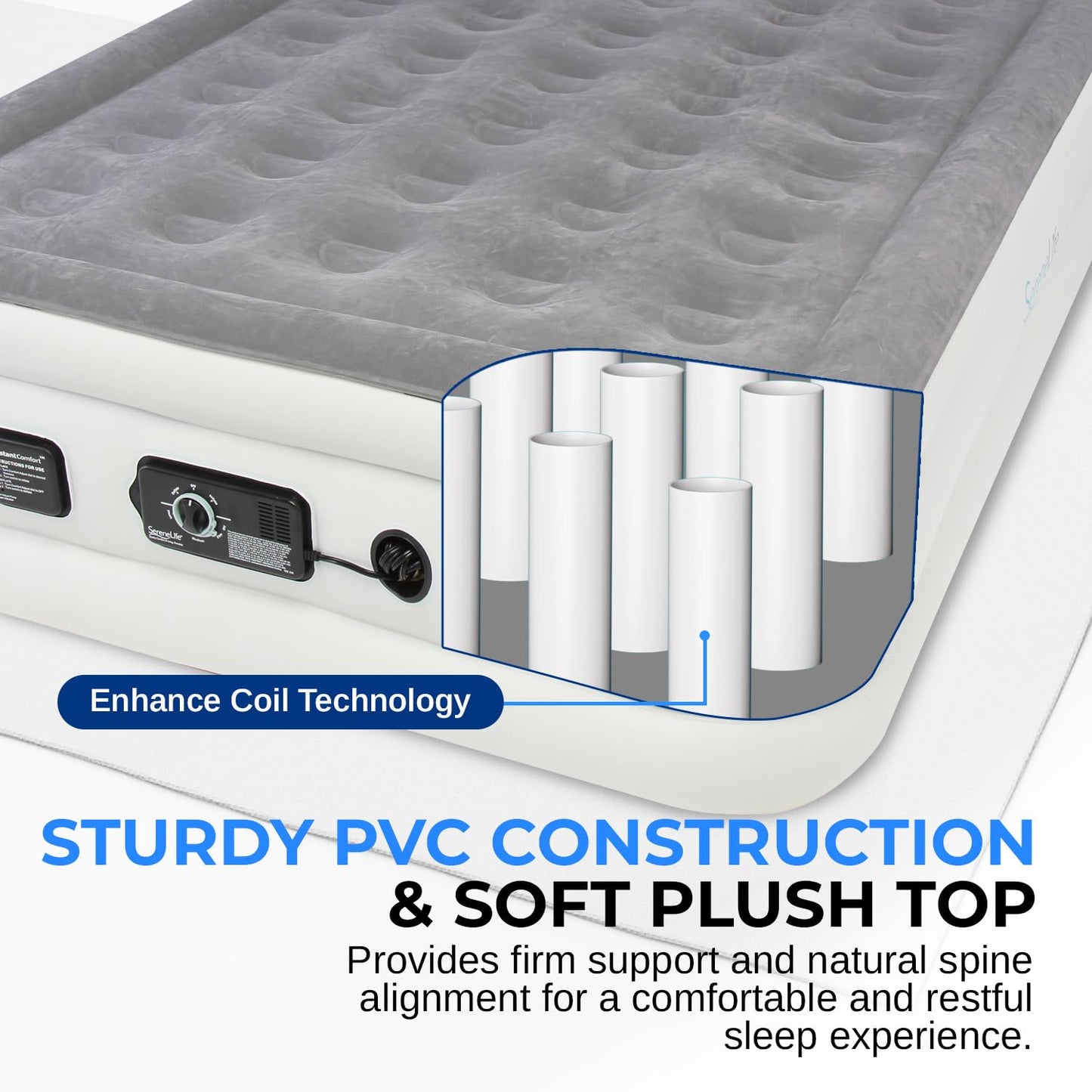 SereneLife Luxury Full Size Air Mattress with Built-In High Speed Pump, Adjustable Firmness Levels, Strong Spine Support, 18" Inflatable Airbed for Guests, Home, Camping, and Travel