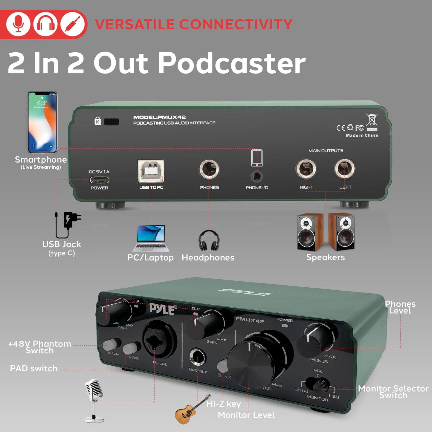 Pyle USB Audio Interface for Recording, Streaming & Podcasting – 2 Inputs 2 Outputs, 48V Phantom Power, 24bit/192kHz ASIO, Studio-Quality Sound, Rugged Metal Chassis - Compatible with Windows/Mac