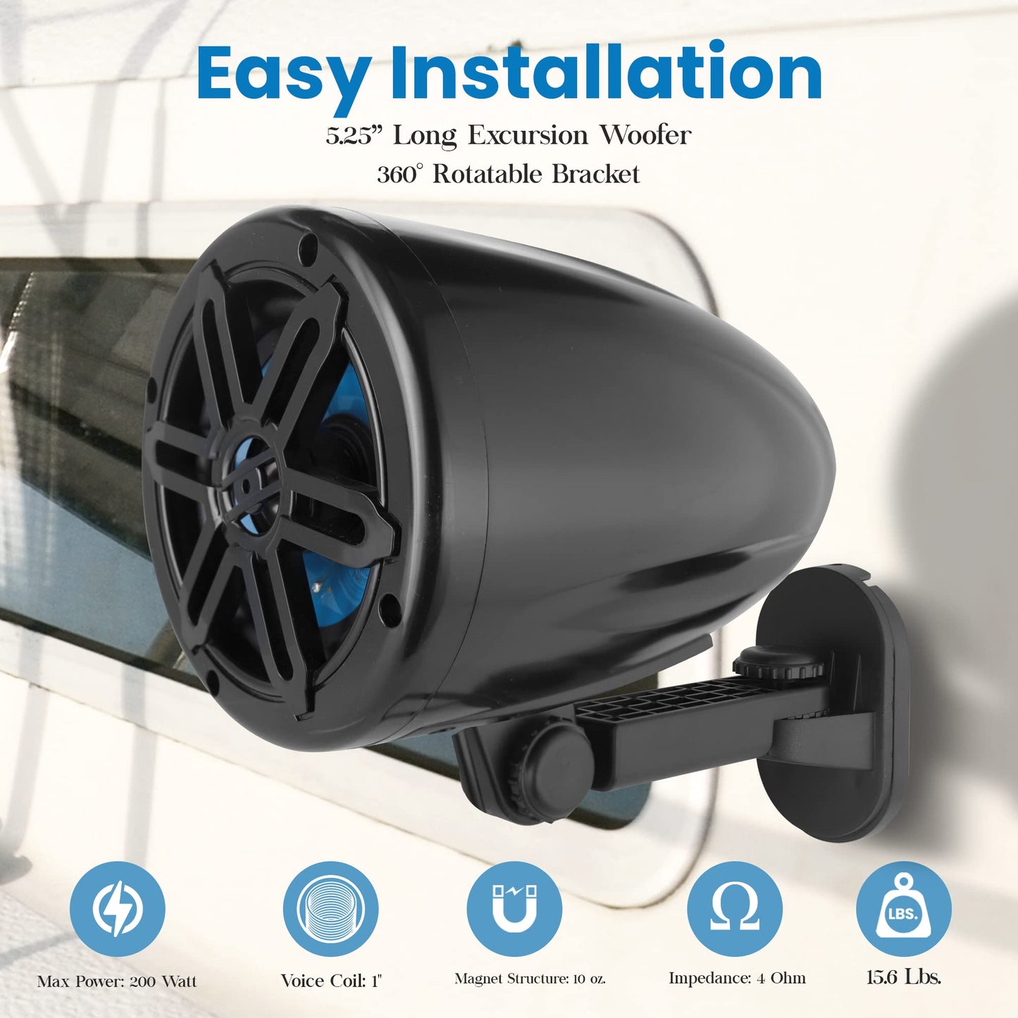 PyleUsa 5.25”Waterproof Off-Road Speakers-180W 2-Way Marine Woofer Sound System w/ 360° Rotatable Bracket, Full Range Outdoor Audio Stereo Speaker for Motorcycle ATV Jeep Boat, Includes Bracket(Black)