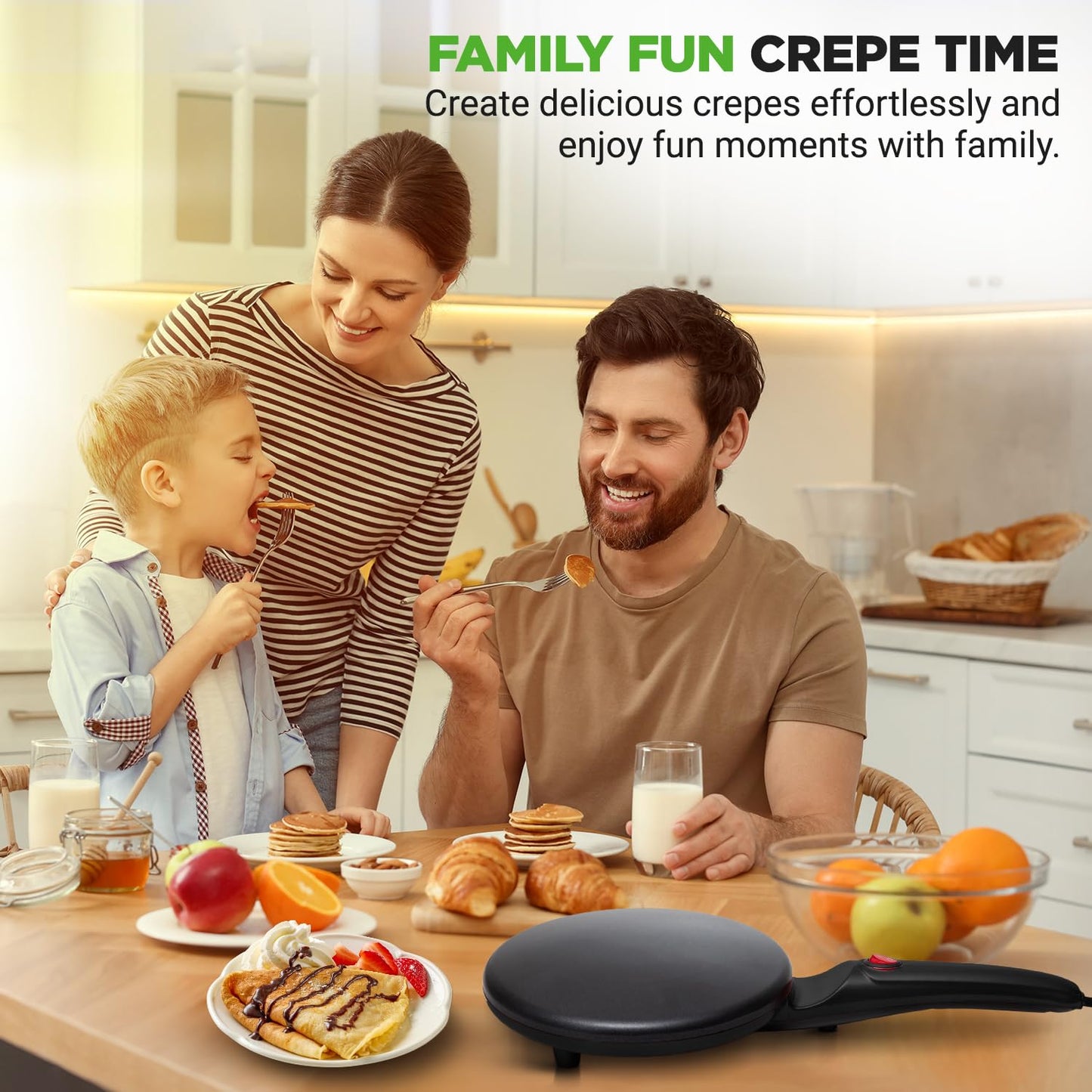 Nutrichef Electric Crepe Maker | 8-inch Nonstick Cooktop with On/Off Switch | Cooks Roti, Tortillas & Pancakes | Automatic Temperature Control & Cool Touch Handle | Includes Food Bowl, Whisk & Spatula