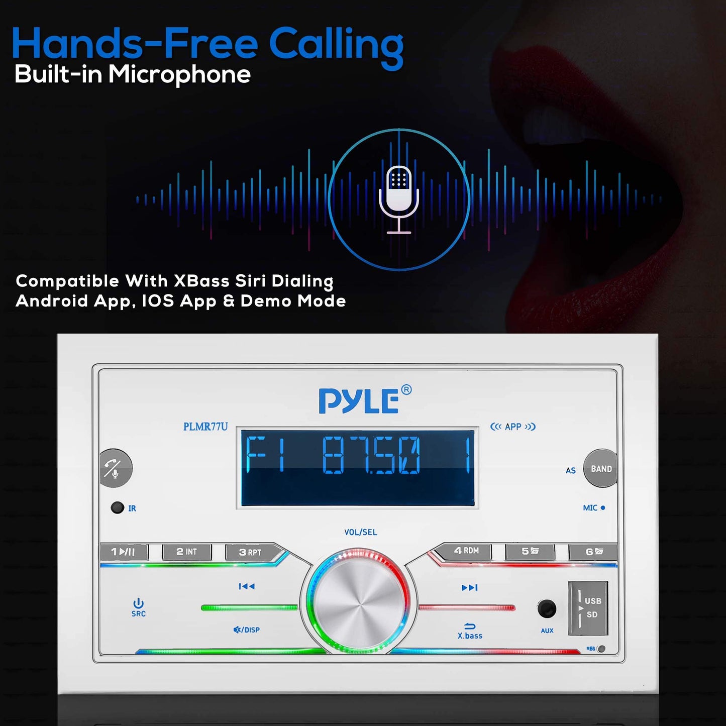 Pyle Marine Stereo, Bluetooth, USB/SD, 300W Double DIN Boat Radio Receiver, LCD Display, Hands-Free Calling, AUX, MP3, AM/FM Radio, Remote Control, PLMR77U, White, Built-in Microphone, 4x75W