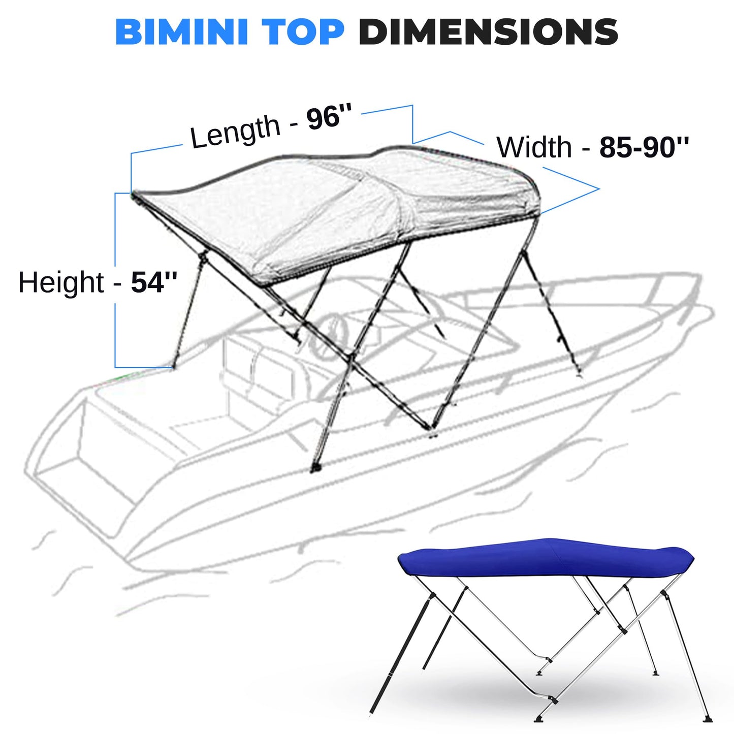 SereneLife 4 Bow Bimini Top Boat Cover – 96" L x 85-90" W x 54" H, Durable 1" Aluminum Frame, Waterproof & UV-Resistant, Easy Install with Front Straps, Rear Support Arms & Free Storage Boot (Blue)