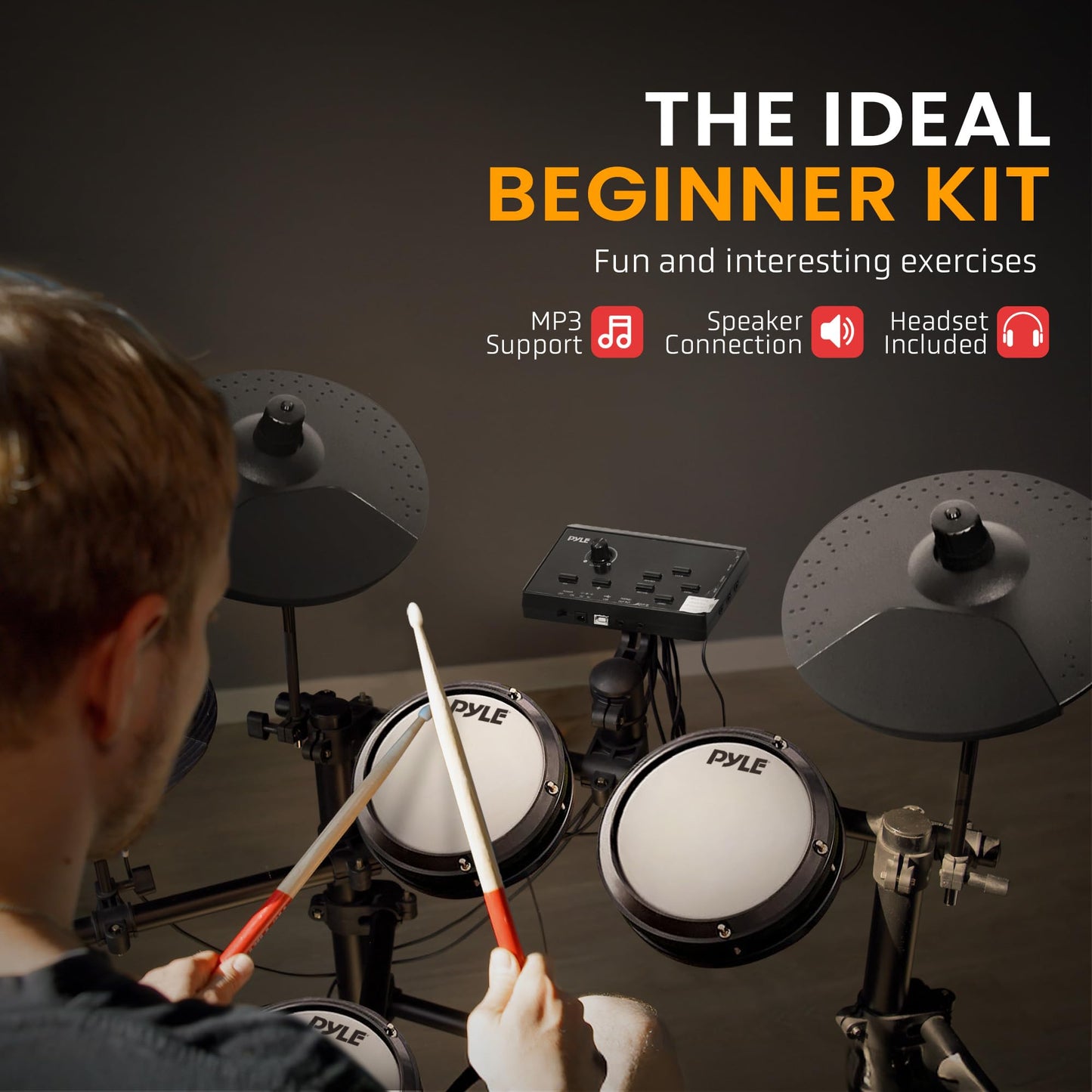 Pyle Electronic Drum Set with 4 Quiet Mesh Pads, 180 Sound Styles, 3 Cymbals, 2 Pedals, Throne, Headphones, Sticks, AUX, USB MIDI, Electric Drum Kit for Beginners Students Professionals