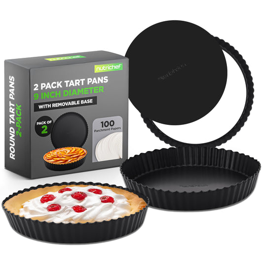 NutriChef 2 Round Tart Pans | 9 Inch Carbon Steel Tart Baking Trays with Removable Base | Nonstick & Even Heat Distribution | Includes 100 Parchment Papers | Height of 1 Inch | Black