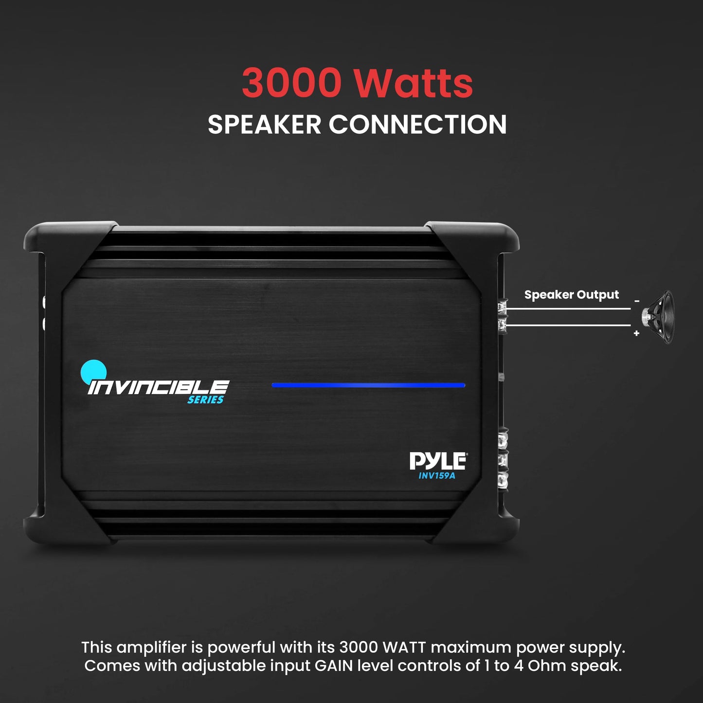 Pyle Amplifier Car Audio, Class AB MOSFET PWM Monoblock Amp Invincible Series, 1 Channel 3000 Watts Max, High-Current Dual Discrete Drive Stages Bass Amp, Advanced Protection Circuitry Car Amplifier
