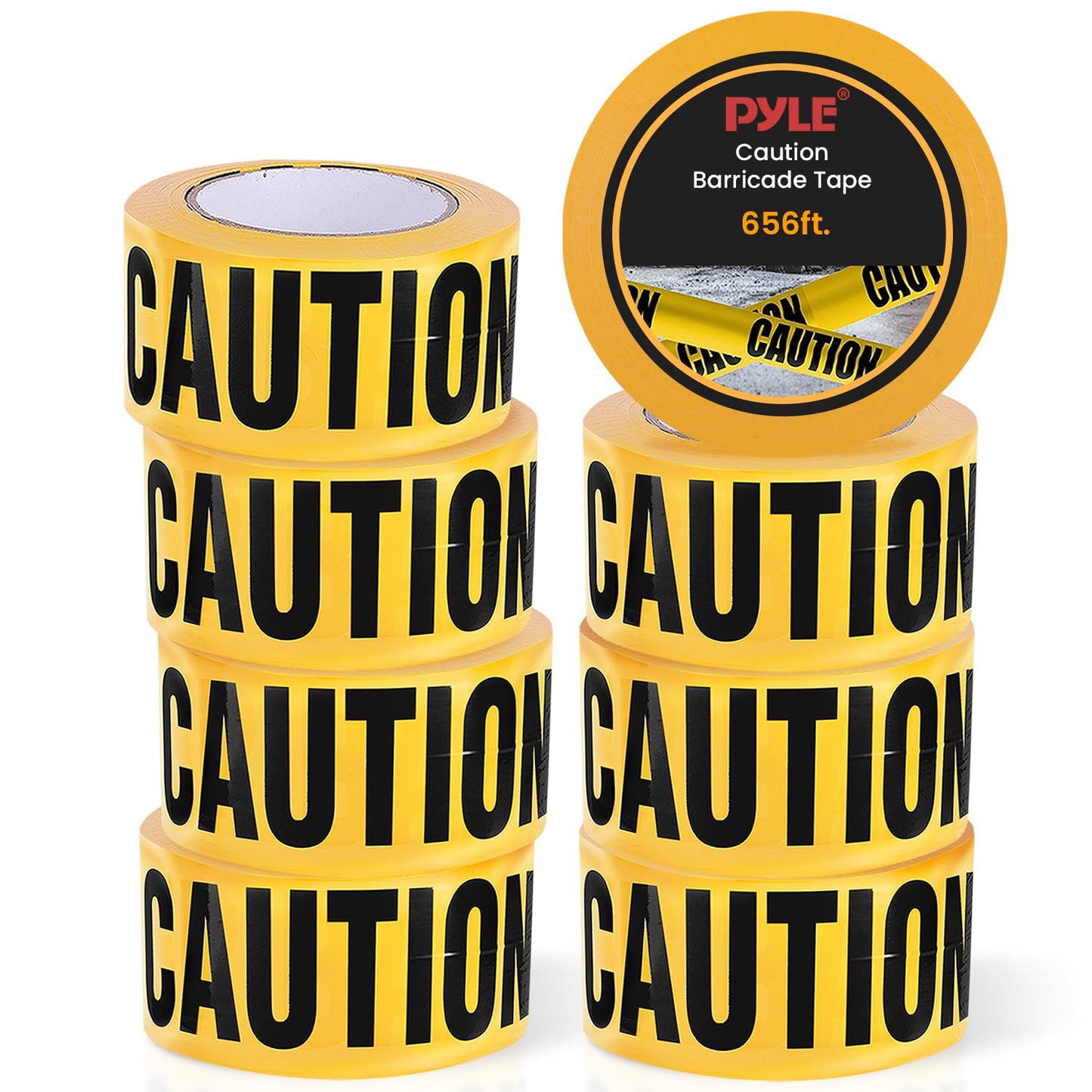 Pyle 8 Pieces Yellow Caution Tape Set - 656 Foot Long Tape Roll Suitable for a Wide Range of Applications, Including Roadworks, Events, and Hazardous Areas